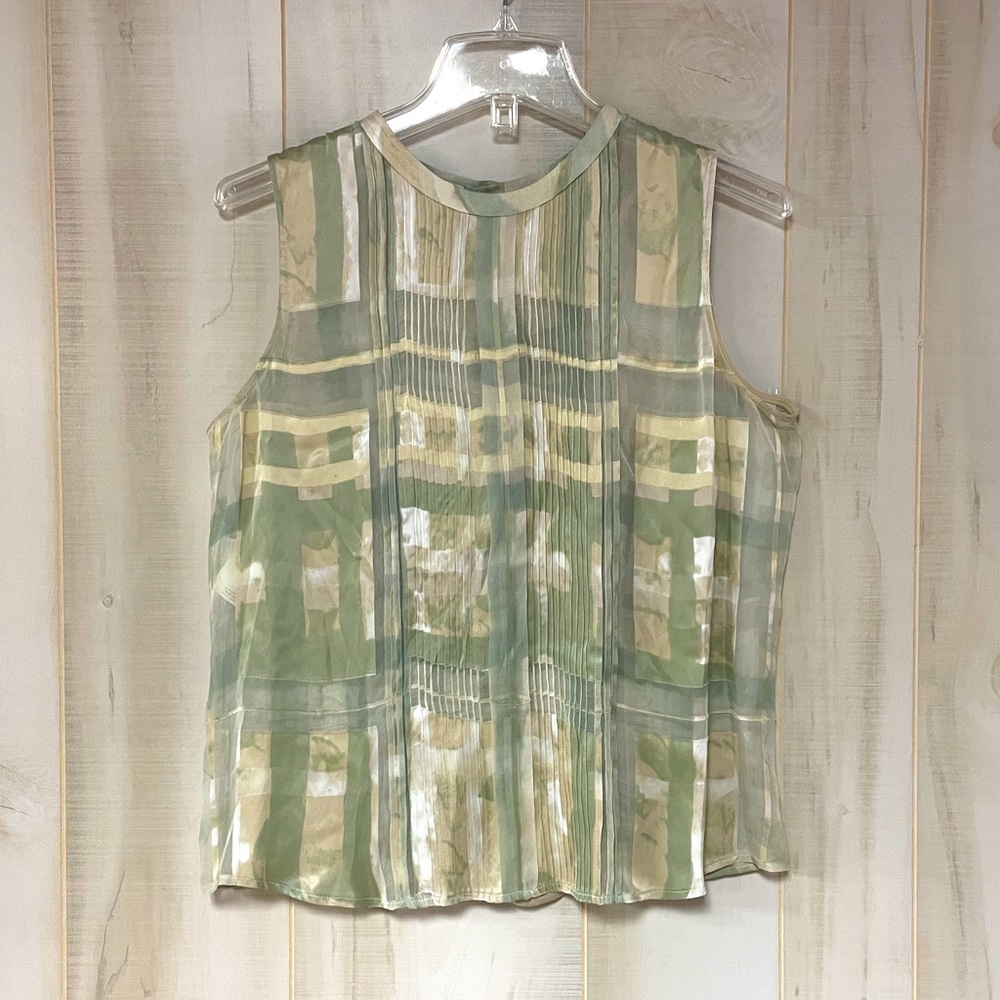 Armani Green Tan Sheer Pleated Silk Sleeveless Button Back Blouse Sz 12 Top